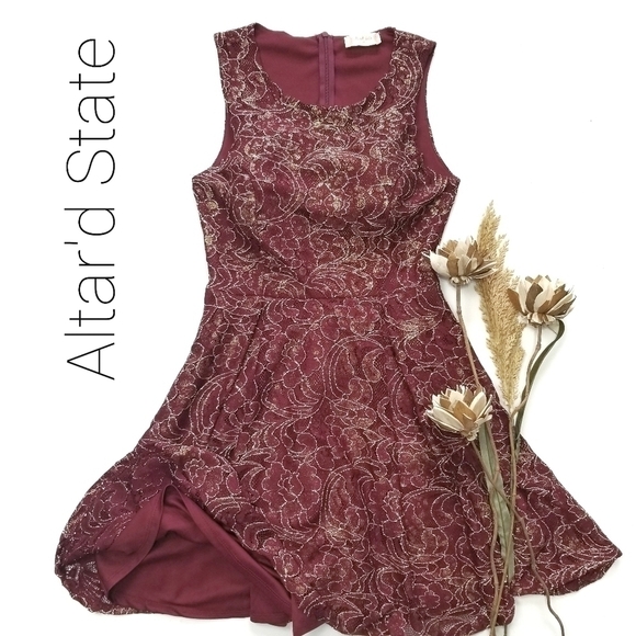 Altar'd State Red Gold Lace Embroider Dress Med - Picture 1 of 8